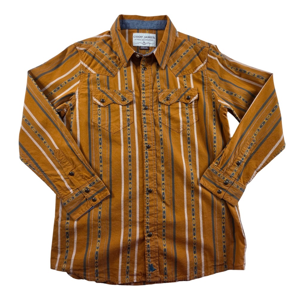 Cody James Youth XL Western Snap Shirt Burnt Orange Southwestern Stripe Cowboy